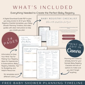 May include: A digital download guide for creating a baby registry. The guide includes 24 pages of information, checklists, and tips for making a registry, including ideas for experiences and subscriptions, baby registry websites, budgeting tips, and helpful resources. The guide is available in 10 different templates and 4 colors. The text "Print or Edit in Canva" is also included in the image.