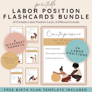 Bundel met flashcards bevallingspositie, afdrukbare geboortepositiekaarten, bevallingsposities, natuurlijke geboortecomfortmaten