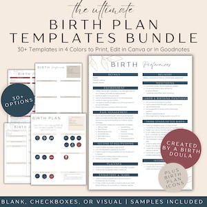 The Ultimate Birth PlanTemplates Bundle with over 30+ birth plan templates in 4 different colors. Written birth plan, birth plans with checkboxes, sample birth plans, and visual birth plan templates available. All birth plans created by a birth doula
