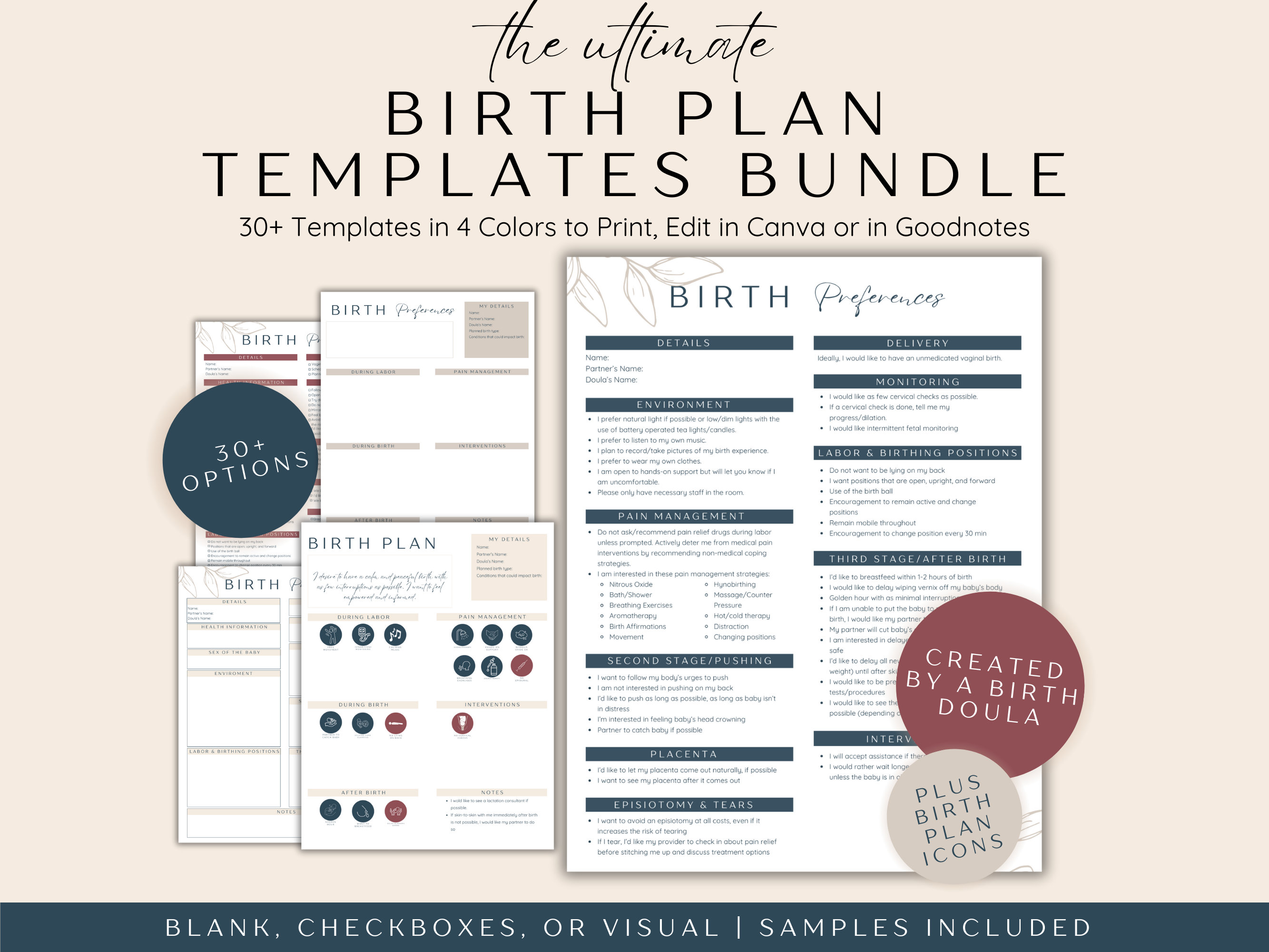 Birth Plan Template Editable Bundle, Visual Birth Plan, Labor and Delivery Plan, Natural Birthing Plan, Birth Planner, Birth Plan Checklist