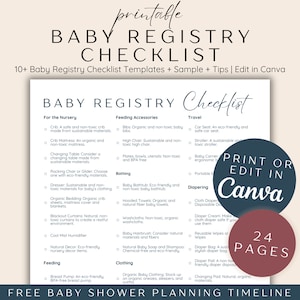 Könnte beinhalten: Eine druckbare Checkliste für eine Baby-Geburtsliste mit einer Liste von Artikeln, die für das Kinderzimmer, die Fütterung, das Baden, das Reisen, das Wickeln und die Kleidung zu berücksichtigen sind. Die Checkliste trägt den Titel "Baby Registry Checklist" und enthält den Text "DRUCKEN ODER BEARBEITEN IN Canva" und "24 SEITEN".