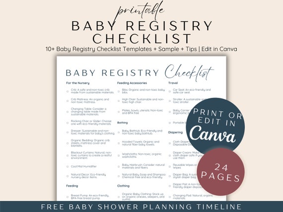 Baby Registry Checklist Printable, Editable Canva Templates (PDF)