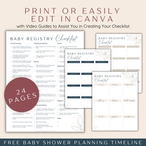 May include: A printable baby registry checklist with 24 pages. The checklist is divided into categories such as "For the Nursery", "Feeding Accessories", "Travel", "Diapering", "Clothing", "Bathing", "Gift Ideas", and "Other". The checklist is decorated with floral illustrations and has a blue and white color scheme. The text "FREE BABY SHOWER PLANNING TIMELINE" is at the bottom of the image.
