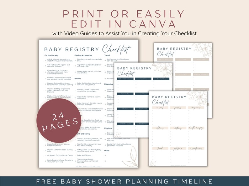 May include: A printable baby registry checklist with 24 pages. The checklist is divided into categories such as "For the Nursery", "Feeding Accessories", "Travel", "Diapering", "Clothing", "Bathing", "Gift Ideas", and "Other". The checklist is decorated with floral illustrations and has a blue and white color scheme. The text "FREE BABY SHOWER PLANNING TIMELINE" is at the bottom of the image.