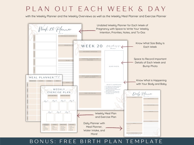 May include: A printable set of weekly planners for pregnancy, including a meal planner, exercise plan, and daily planner. The planners are beige with floral accents and the text "Week 20 Planner" and "Weekly Exercise Plan".
