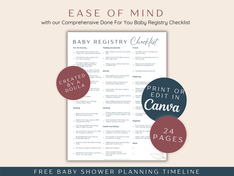 May include: A printable checklist for a baby registry with the title "Baby Registry Checklist" and the text "Created by a Doula" in a red circle. The checklist includes categories such as "For the Nursery", "Feeding Accessories", "Travel", "Bathing", "Diapering", "Clothing", "Playtime", "Health and Safety", and "Other". The checklist also includes the text "Print or Edit in Canva" in a blue circle and "24 Pages" in a red circle. The text "Free Baby Shower Planning Timeline" is at the bottom of the checklist.