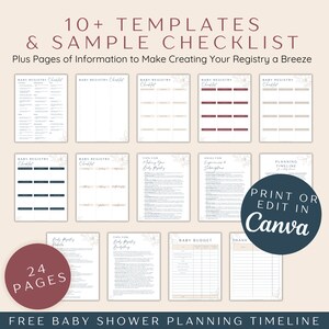 May include: A printable baby shower planning timeline with 24 pages of checklists, templates, and information. The text "PRINT OR EDIT IN Canva" is in a blue circle on the right side of the image.