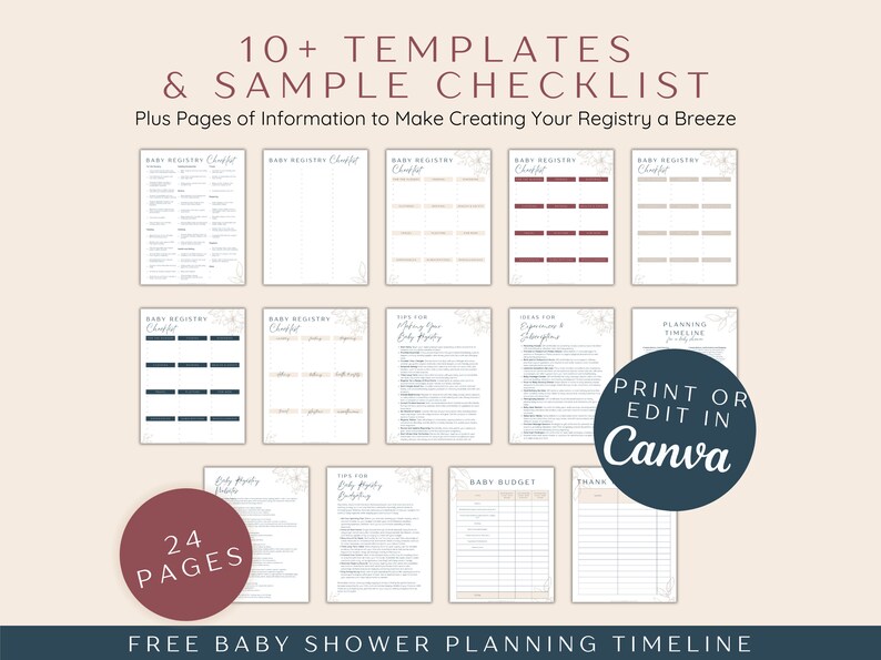May include: A printable baby shower planning timeline with 24 pages of checklists, templates, and information. The text "PRINT OR EDIT IN Canva" is in a blue circle on the right side of the image.
