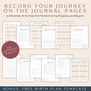 May include: A printable pregnancy journal with 25+ pages to record important moments during pregnancy and beyond. The journal includes sections for pregnancy, labor & delivery, and the first trimester. It also includes a free birth plan template.