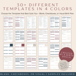 Birth Plan Templates in 4 different colors: beige, taupe, deep red, and dark blue. Birth Plan with checkboxes, visual birth plan, and different styles of a blank birth plan. Birth Plans created by a birth doula.