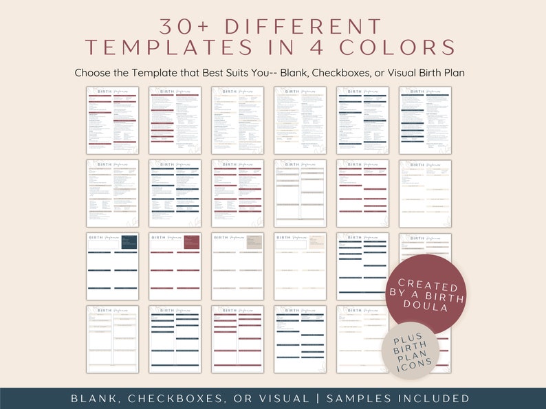 Birth Plan Templates in 4 different colors: beige, taupe, deep red, and dark blue. Birth Plan with checkboxes, visual birth plan, and different styles of a blank birth plan. Birth Plans created by a birth doula.