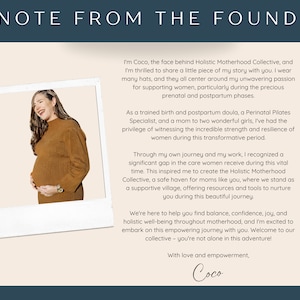 May include: A woman with a warm smile stands in front of a white frame, holding her pregnant belly. She is wearing a brown sweater and a watch on her left wrist. The text "A NOTE FROM THE FOUNDER" is at the top of the image. The text below the image reads "I'm Coco, the face behind Holistic Motherhood Collective, and I'm thrilled to share a little piece of my story with you. I wear many hats, and they all center around my unwavering passion for supporting women, particularly during the precious prenatal and postpartum phases."
