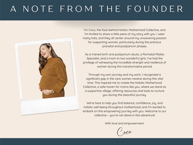 May include: A woman with a warm smile stands in front of a white frame, holding her pregnant belly. She is wearing a brown sweater and a watch on her left wrist. The text "A NOTE FROM THE FOUNDER" is at the top of the image. The text below the image reads "I'm Coco, the face behind Holistic Motherhood Collective, and I'm thrilled to share a little piece of my story with you. I wear many hats, and they all center around my unwavering passion for supporting women, particularly during the precious prenatal and postpartum phases."