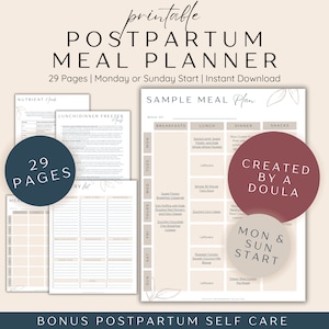 Könnte beinhalten: Ein druckbarer Wochenplan für die Zeit nach der Geburt mit 29 Seiten. Der Plan enthält einen Beispiel-Speiseplan mit Frühstücks-, Mittag-, Abendessen- und Snack-Optionen. Der Text "Erstellt von einer Doula" und "Montag & Sonntag Start" ist auf dem Plan zu sehen.