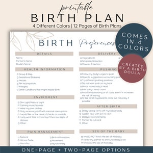以下が含まれることがあります： ベージュの背景と黒いテキストで印刷可能な出産計画テンプレート。テンプレートには、詳細、健康情報、環境、痛み管理、出産、分娩、産後、赤ちゃんの性別に関するセクションが含まれています。テンプレートには、1ページと2ページのオプションに関するセクションも含まれています。テキスト「Comes in 4 Colors」は、赤い背景と白いテキストの円の中にあります。テキスト「Created by a Birth Doula」は、濃い青色の背景と白いテキストの円の中にあります。