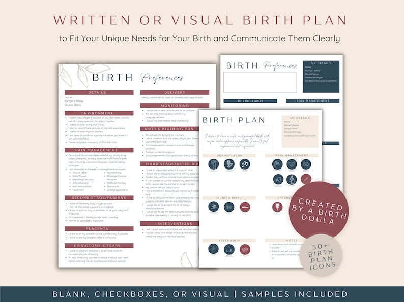 Choose from different format of birth plans and birth preferences. Can have a visual birth plan or a written birthing plan.