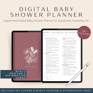 Könnte beinhalten: Digitaler Baby Shower Planer mit über 18 Covern und zusätzlichen druckbaren Affirmationskarten. Der Planer wird auf einem Tablet mit einem rosafarbenen Blumendesign auf dem Cover angezeigt. Der Planer enthält eine Checkliste mit Aufgaben, die vor der Dusche erledigt werden müssen.