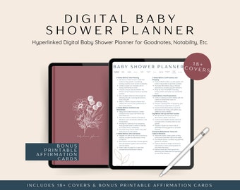 May include: Digital baby shower planner with 18+ covers and bonus printable affirmation cards. The planner is displayed on a tablet with a pink floral design on the cover. The planner includes a checklist of tasks to complete before the shower.