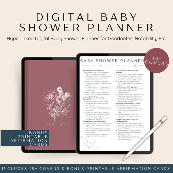 Digital Baby Shower Planner, Hyperlinked Baby Shower Planner, Baby Shower Goodnotes Planner, Baby Shower Game Ideas, Baby Shower Checklist