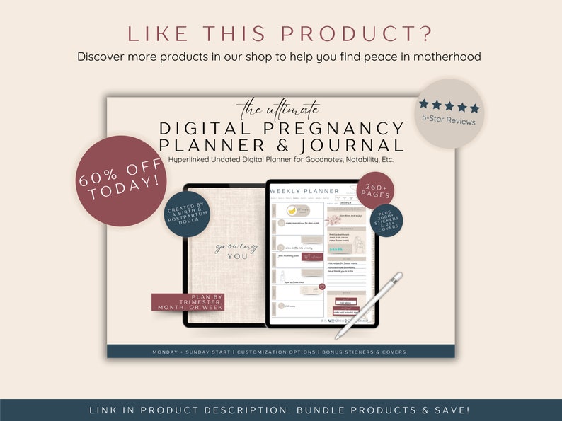 If you like this listing, check out the Digital Pregnancy Planner and Journal in my shop. It is fully hyperlinked to use in Goodnotes, Notability, etc. The perfect Pregnancy Planner and Journal with everything you need for pregnancy!