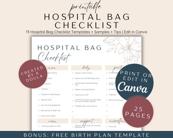 Hospital Bag Checklist Printable, Labor and Delivery Packing List Editable Canva Template, Birth Packing Checklist, First Time Mom Checklist