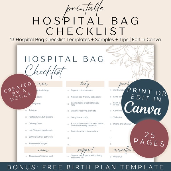 Hospital Bag Checklist Printable, Labor and Delivery Packing List Editable Canva Template, Birth Packing Checklist, First Time Mom Checklist