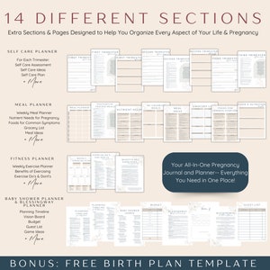 May include: A printable pregnancy journal and planner with 14 different sections, including self-care, meal planning, fitness, baby shower, and a free birth plan template. The journal is designed to help organize every aspect of pregnancy.