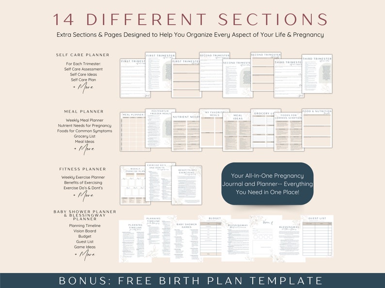May include: A printable pregnancy journal and planner with 14 different sections, including self-care, meal planning, fitness, baby shower, and a free birth plan template. The journal is designed to help organize every aspect of pregnancy.