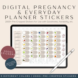May include: Digital planner stickers for Goodnotes and Notability.  The stickers feature a variety of illustrations, including fruits, vegetables, and pregnancy-related icons.  There are over 2000 stickers included in 5 different colors.
