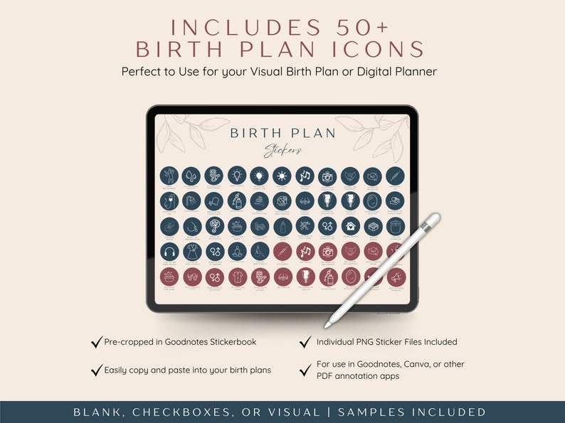 Bonus of 50+ Birth Plan Icons to use for a visual birth plan. Can use the birth plan stickers as planner stickers in your pregnancy planner.