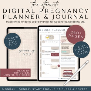 May include: Digital pregnancy planner and journal with a weekly planner layout, created by a birth doula. Includes 260+ pages, 2000+ stickers, and 25+ covers. Features a Monday and Sunday start, and the ability to plan by trimester, month, or week.
