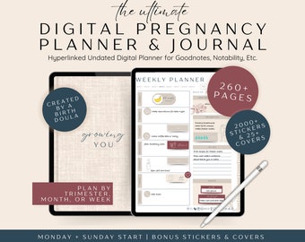 Planificador de embarazo digital, diario de planificación de embarazo con hipervínculos, planificador de embarazo de Goodnotes para mamás primerizas, pegatinas para el planificador de embarazo