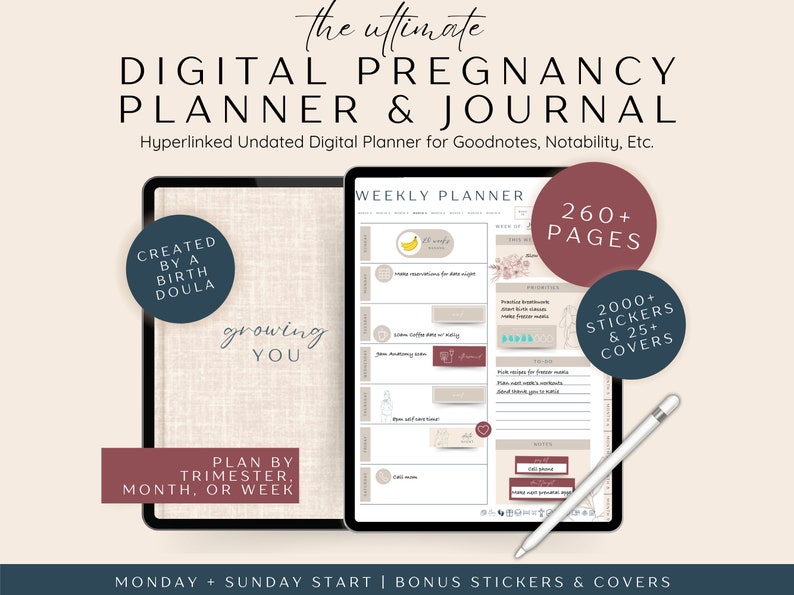Digital Pregnancy Planner, Hyperlinked Pregnancy Planner Journal, Goodnotes Pregnancy Planner for First Time Mom, Pregnancy Planner Stickers