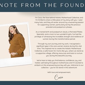 May include: A woman smiles and holds her belly while standing in front of a white frame. The text reads "A Note From The Founder" and includes a message about Holistic Motherhood Collective, a safe haven for moms, offering resources and tools to nurture during the journey of motherhood.
