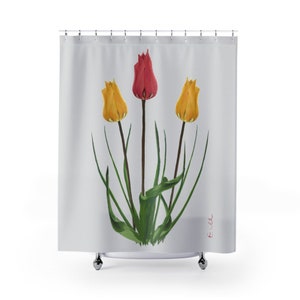 May include: A shower curtain featuring a simple design of three tulips, two yellow and one red, on a light gray background.