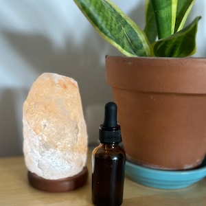 May include: A brown glass bottle with a black dropper top, a Himalayan salt lamp, and a potted snake plant on a wooden surface.