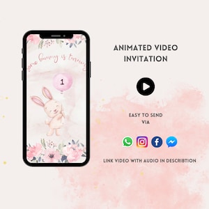 Bunny birthday Video Invitation, DIGITAL DOWNLOAD, Girls Birthday, Pink Bunny Party, Minimalist Birthday Invitation