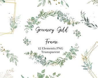 Watercolor Eucalyptus Clipart: Green Gold Frames & Bouquets (PNG Digital Download)
