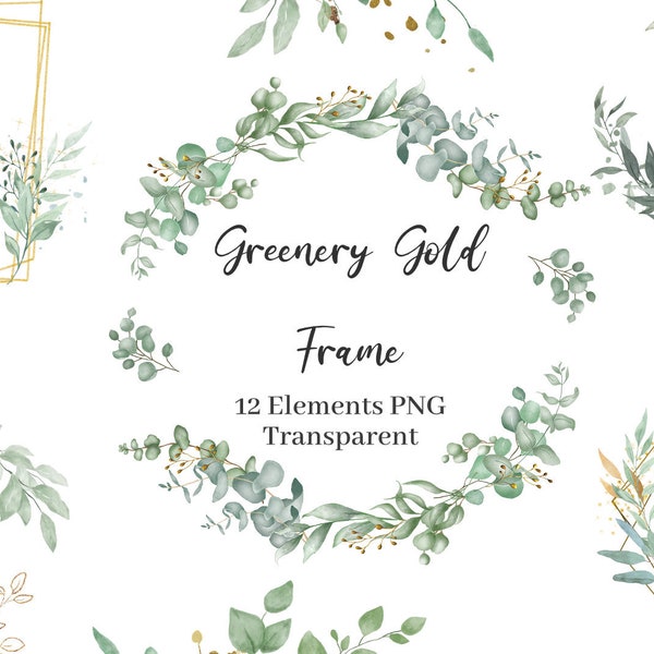 Watercolor Green Gold eucalyptus Geometric frame bouquet border wreath wedding invitation floral clipart png digital greenery leaves spring