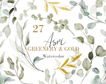 Watercolor Eucalyptus Clipart: Green & Gold Floral Frames (PNG Digital Download)