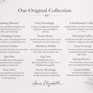 May include: A light-colored card with the text "Our Original Collection" and descriptions of various scents, including "Washing Breeze," "Cosy Evenings," and "A Gentleman's Library." The card has a floral design.