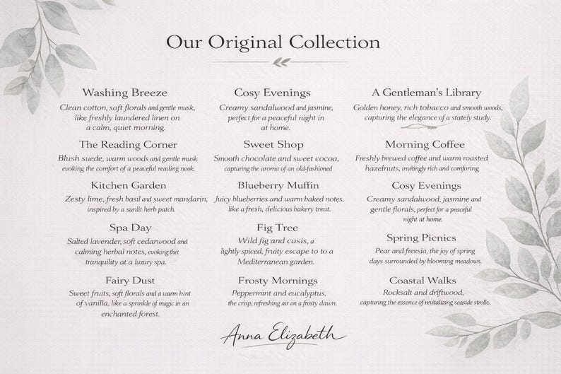 May include: A light-colored card with the text "Our Original Collection" and descriptions of various scents, including "Washing Breeze," "Cosy Evenings," and "A Gentleman's Library." The card has a floral design.