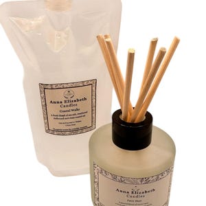 May include: A reed diffuser and refill pouch set from Anna Elizabeth Candles. The diffuser is in a frosted glass bottle with a black cap and wooden reeds. The refill pouch is clear. Both have labels with text.