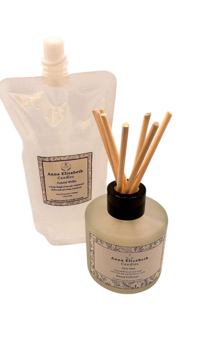 May include: A reed diffuser and refill pouch set from Anna Elizabeth Candles. The diffuser is in a frosted glass bottle with a black cap and wooden reeds. The refill pouch is clear. Both have labels with text.