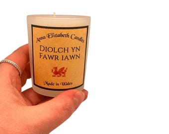 Vela de cera de soja Diolch yn Fawr, regalo de agradecimiento, hecha a mano en Gales