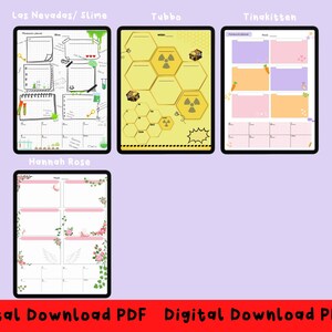 May include: A digital download of 12 printable planner pages featuring different designs. The designs include a bee, a honeycomb, a pink floral pattern, and a pink and orange grid. The text "Las Nevadas/ Slime", "Tubbo", "Tinakitten", "Hannah Rose", "Includes 12 designs", and "Digital Download PDF" is visible on the image.
