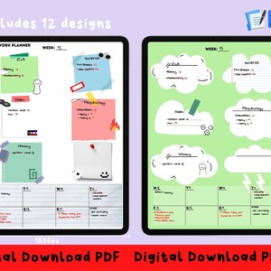 May include: A digital planner template for students, featuring a green background with white clouds and handwritten text. The planner includes sections for ELA, science, history, math, and psychology. The planner also includes a weekly calendar with space for daily tasks and notes.