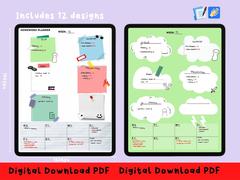 May include: A digital planner template for students, featuring a green background with white clouds and handwritten text. The planner includes sections for ELA, science, history, math, and psychology. The planner also includes a weekly calendar with space for daily tasks and notes.