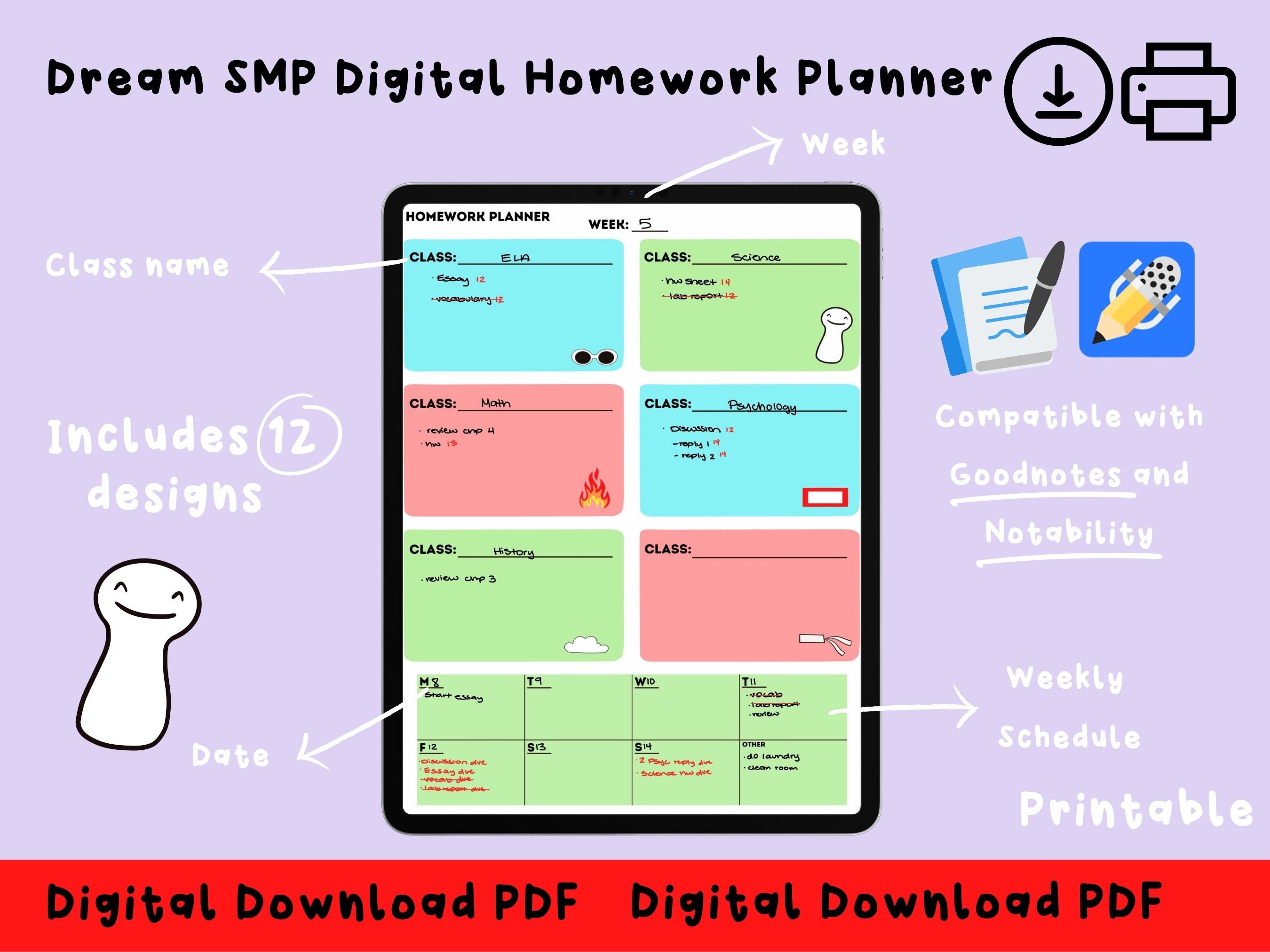 Dream SMP Digital Homework Planner Digital Download Printable Etsy