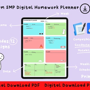 May include: A digital homework planner featuring a colorful design with a Dream SMP theme. The planner includes a weekly schedule, space for class notes, and a section for assignments. It is compatible with Goodnotes and Notability apps.